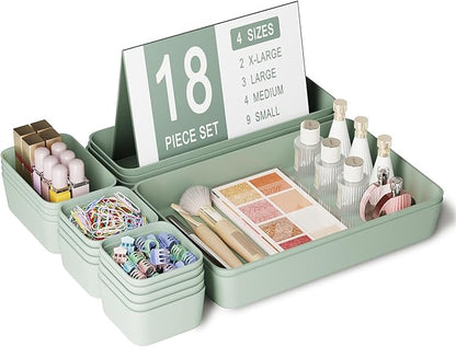Homhut Plastic Drawer Organizers, 18 PCS Drawer Organizer Bins, Bathroom and Vanity Organizer Plastic Tray, Makeup organizer and storage for Makeup, Bedroom, Kitchen Gadgets Utensils and Office