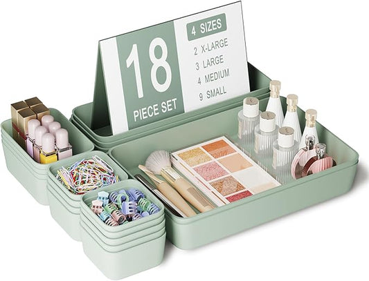 Homhut Plastic Drawer Organizers, 18 PCS Drawer Organizer Bins, Bathroom and Vanity Organizer Plastic Tray, Makeup organizer and storage for Makeup, Bedroom, Kitchen Gadgets Utensils and Office