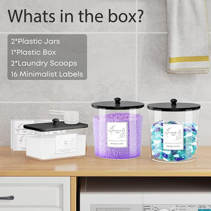 3 Pack Laundry Powder Container & Dryer Sheet Holder, Plastic Laundry Room Organization and Storage Jars with Lids, Labels & Scoops for Powder, Detergent, Scent Booster (Black Lid)