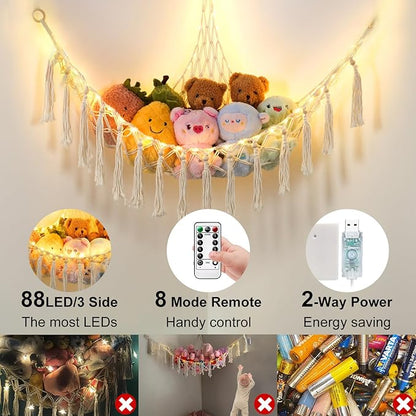 Stuffed Animal Hammock with 88LEDs, 63in Extra Large Toy Storage Macrame Hammock, Hanging Toy Net for Kids Bedroom Doll Room Corner Organizer, USB Plush Toys Net with Remote(Beige, XXL)