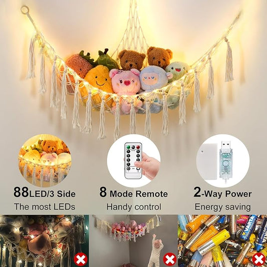 Stuffed Animal Hammock with 88LEDs, 63in Extra Large Toy Storage Macrame Hammock, Hanging Toy Net for Kids Bedroom Doll Room Corner Organizer, USB Plush Toys Net with Remote(Beige, XXL)