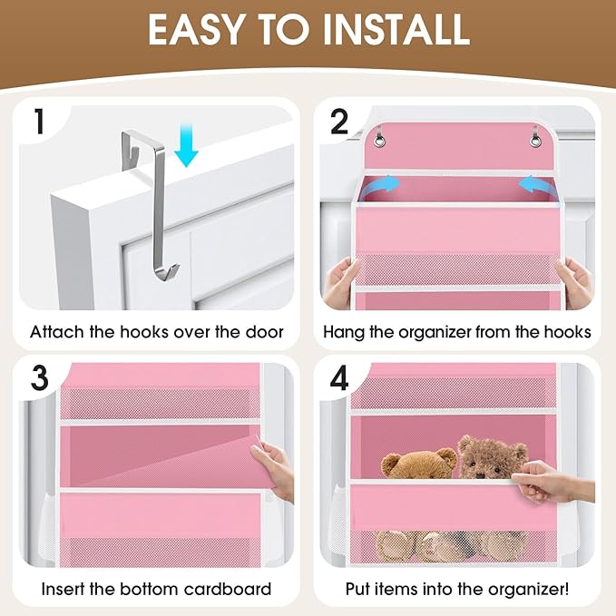 2 Pack Over The Door Organizer Hanging Storage Organizers with Clear Window 40lb Large Capacity Room Organizer for Pantry Laundry Bathroom Nursery Closet(Pink)