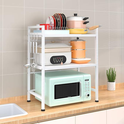 PUSDON Microwave Oven Rack, Adjustable Shelf Organizer 3-Tiers with 3 Hooks, & 160lbs Capacity for Kitchen Counter, White