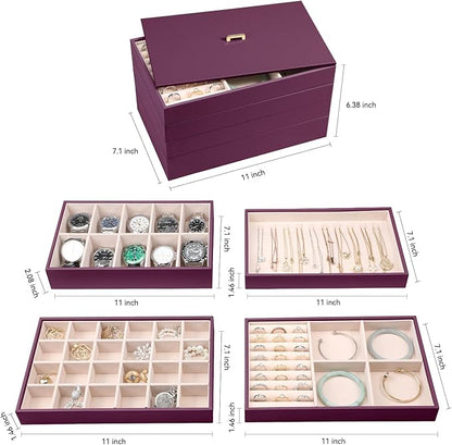 Voova Stackable Jewelry Organizer Tray with Lid, PU Leather Jewelry Storage Holder for Drawer Inserts, Jewellery Display Box Case for Earring Necklace Ring Watch Bracelet (Set of 4, Purple)
