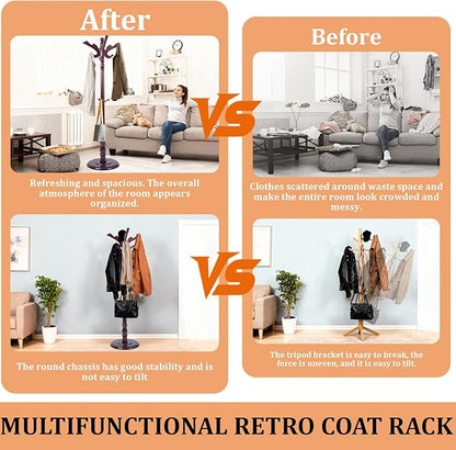 73”Vintage Wooden Coat Rack，With 14 Hooks and Sturdy Round Base.Sturdy and Durable Standing Coat Racks，Adjustable Wooden Freestanding Coat Rack for Porch，Bedrooms (Mahogany) (Flying Swallow, 1 PCS)