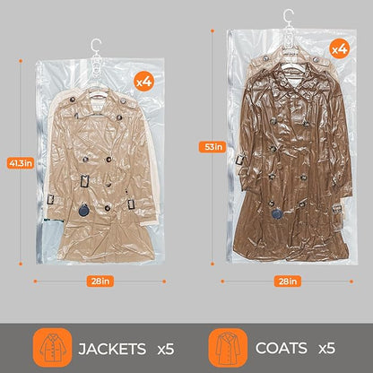 Hanging Vacuum Storage Bags 8 Pack Hanging Vacuum Seal Bags for Clothing Coat Storage Suit Bags, Hanging Plastic Clothes Cover for Coat Dress Fur Shirt Vacbird
