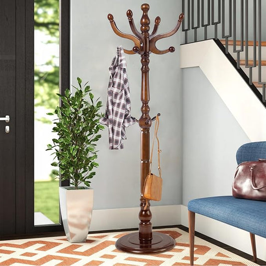 Wood Coat Rack, Heavy Duty Coat Rack Freestanding with 11 Smooth Hooks, Vintage Coat Tree, Clothes Hanger Stand with Stable Disc Base for Entryway, Bedroom (Walnut Brown)