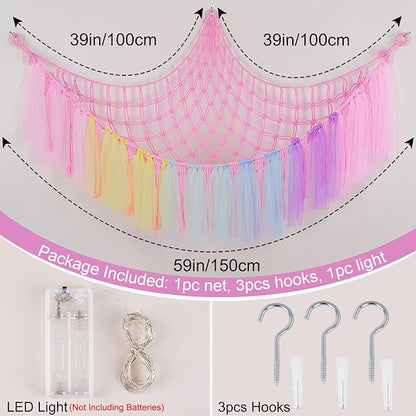 FIOBEE Stuffed Animals Net or Hammock with LED Light, Toy Hammock Hanging Stuffed Animals Storage Organizer Holder Room Décor for Nursery Kids Bedroom