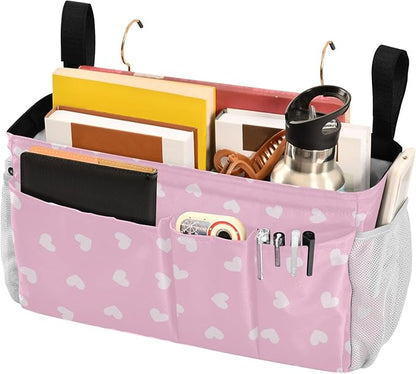 CuwrYet Bedside Caddy Hanging Bunk Bed Caddy Bed Organizer Hanging Pocket with 2 Hooks Bedside Storage Organizer Pocket Bag Holder Heart Pink