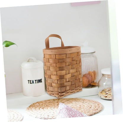 ABOOFAN Woven Wall Hanging Storage Basket for Kitchen and Desktop Organizer Natural Wood Material with Handle Nordic Style Decorative Hanging Pocket for Pantry and Home Organization