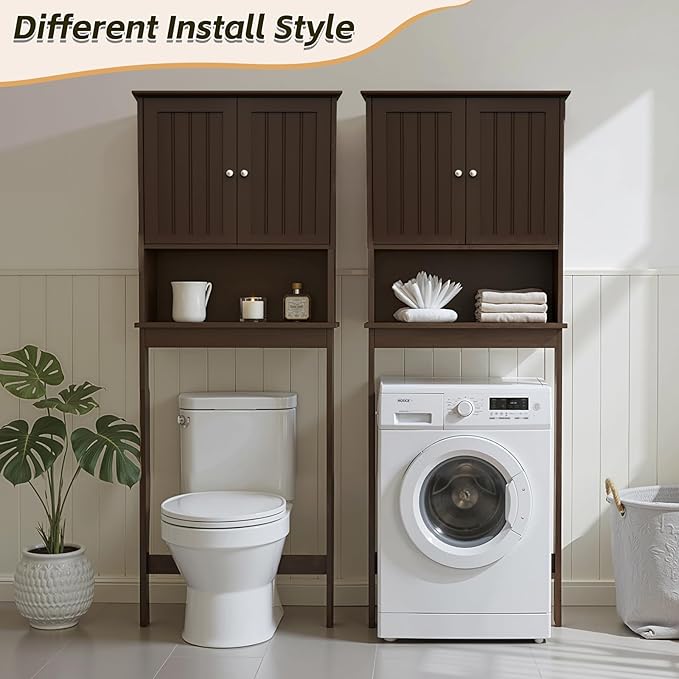 GORZING Over The Toilet Storage Cabinet, Behind Toilet Bathroom Organizer with Adjustable Shelves, Above Toilet Organizers with Barn Door, Space Saver for Restroom, Bathroom, Laundry