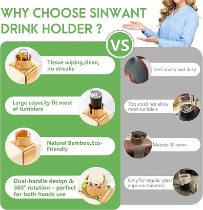 SINWANT Couch Cup Holder, Bamboo Couch Drink Holder for Large Coffee Mug,Non-Slip 360° Rotation 2 in 1 Sofa Cup Holder & Phone Stand, Clip on Sofa RV Car Armrest for Water Bottles,Cans,Wine