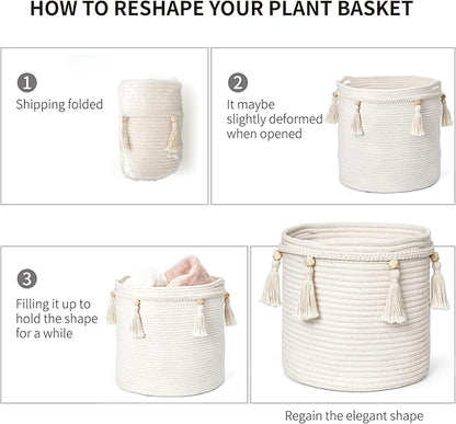 Mkono Macrame Decorative Cotton Rope Basket Boho Cute Woven Tassel Tall Basket Closet Storage Bins Organizer for Nursery,Baby Toys, Potted Plants Cover,Living Room,Bedroom Home Decor 15.7"x 19.6"