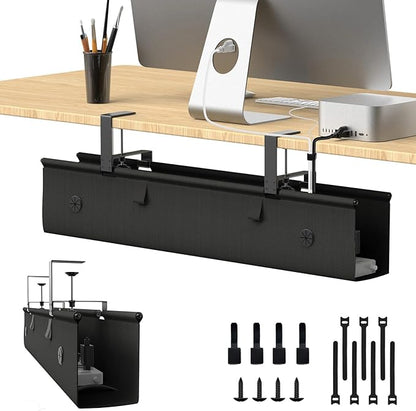 Under Desk Cable Management Tray, 30-inch No-Drill Cord Organizer with Anti-Sag Reinforced Base, Fabric Wire Management Hider for Standing Desk, Office & Gaming Accessories - Black