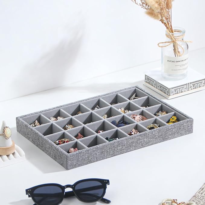 Stackable Jewelry Organizer Tray For Drawers,White Leather Small Earring Storage Tray,Bracelet And Necklace Display Box,Jewelry Ring Display Case (Gray White 24 Grids)