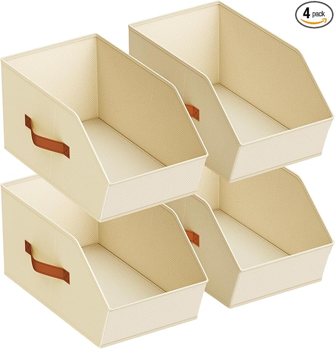 Large Closet Storage Cubes - Closet Storage Bins with Dual Handles for Clothes, Towels, Toys, Shelf Organizer Bins for Bedroom, Nursery, Shelves, Small Spaces, Beige, 4 Pack