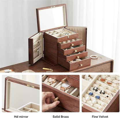 Homruilink Black Walnut Wooden Jewelry Box, Wood Jewelry Organizer with 2 Side Doors Mirror Lockable Classical Style for Watch Necklace Ring Earring Storage Valentines Day Gifts for Her-5 Layer