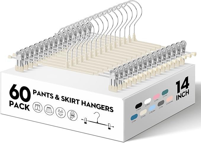 HWAJAN 60PACK 14Inch Pants Hangers with Clips Adjustable Skirt Hangers for Women Black Metal Non-Slip Trousers Hanger Heavy Duty Space Saving Clothes Hanger for Shorts,Jeans,Lvory