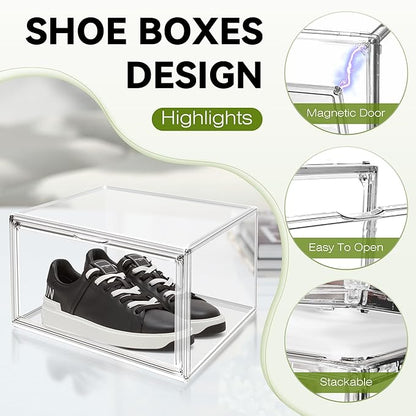 EDS FAM 1 Pack Shoe Display Case Plastic Shoe Storage Box with Magnetic Acrylic Door Size 12.5, Transparent Sneaker Boxes Shoe Rack Substitute Closet Organizers Storage Bins, Easy Assembly