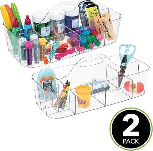 mDesign Plastic Divided Art and Craft Storage Organizer Caddy Tote Bin with Handle for Home Office and Living Room - Holds Pencils, Crayons, Sewing Supplies - Lumiere Collection, 2 Pack, Clear