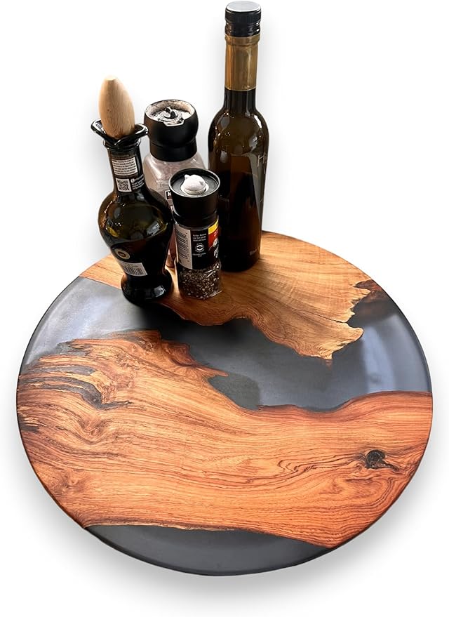 Handmade Reversible 16" Wood and Epoxy Resin Lazy Susan, Turntable for Kitchen Countertop, Rotating Display Stand, Round Wooden Platter, Organizer and Storage for Dining Table, Home Decor (Clear Grey)