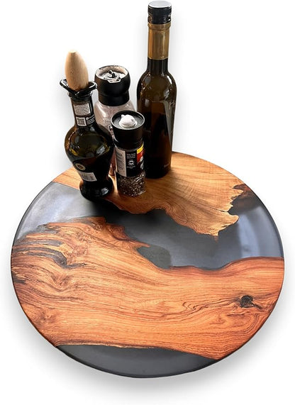 Handmade Reversible 16" Wood and Epoxy Resin Lazy Susan, Turntable for Kitchen Countertop, Rotating Display Stand, Round Wooden Platter, Organizer and Storage for Dining Table, Home Decor (Clear Grey)
