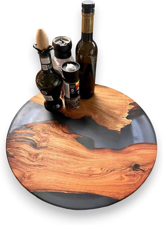 Handmade Reversible 16" Wood and Epoxy Resin Lazy Susan, Turntable for Kitchen Countertop, Rotating Display Stand, Round Wooden Platter, Organizer and Storage for Dining Table, Home Decor (Clear Grey)