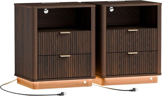 BONITURE Fluted Night Stand Set of 2, Curved Nightstands with Charging Station Lighting, Wood End Table with 2 Drawers, Modern Side Table Storage Cabinet for Bedroom Office,(2, Walnut)