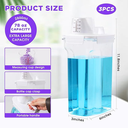 [3 Pack] Liquid Laundry Detergent Dispenser for Laundry Room Organization and Storage, 95oz Large Capacity Laundry Soap Containers with 12 Removable Labels, BPA Free & PET Plastic Clear