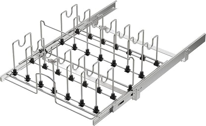 Pull Out Pots and Pans Organizer Under Cabinet, Sliding Adjustable Pot Rack with 15 Adjustable Dividers, Chrome-Plated Pot and Pan Holder Rack, Full-Extension Rail for Kitchen Organization 20" W*22" D