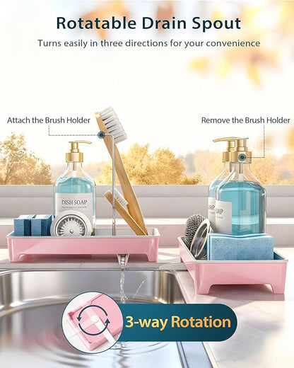 Caumic Minimalist Sink Caddy, Rustproof Sponge Holder for Kitchen Sink with 304 Stainless-Steel Brush Holder, Countertop Rack Organizer with Raised Ridges & Silicone Drain Tube (Blush Pink)