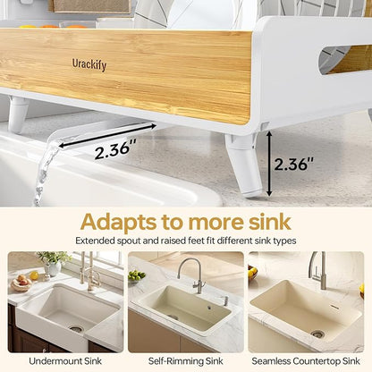Urackify Dish Drying Rack for Kitchen Counter – Stainless Steel & Bamboo Dish Rack, Drying Rack Kitchen with Large Removable Utensil Holder, Dish Drainer with Auto-Drain Drainboard, White