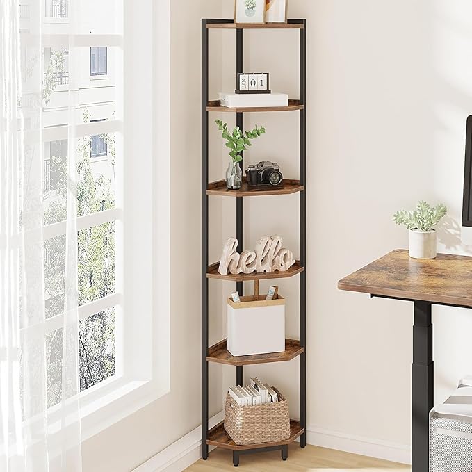 Corner Shelf Stand, Corner Bookshelf, Storage Standing Shelf Unit with Metal Frame, Plant Stand, Corner Bookcase for Living Room, Home Office, Bedroom, 6-Tier Rustic Brown CS06001B