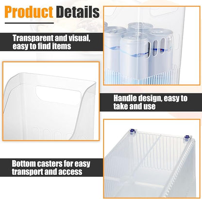 Qunclay 6 Plastic Freezer Organizer Bins with Wheel Set Clear Tall Narrow Kitchen Pantry Organizer Snack Storage Containers for Office Refrigerator(10 x 13.3 x 5.5 Inches)