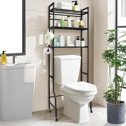 IIQ 3-Tier Metal Bathroom Organizer Shelf, Over The Toilet Storage,Freestanding Above Toilet Rack with Universal Wheels Toilet Paper 2 Holder Hooks,Simple Morden