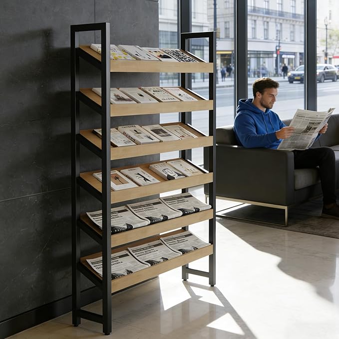 Floor-Standing Magazine Rack 6 tier, Newspaper Holder 38° Slant, Book Display Shelf, Brochure Display Stand for Exhibitions Shopping Malls Hospitals Offices School (Black)