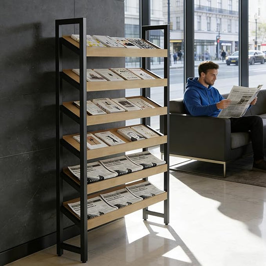 Floor-Standing Magazine Rack 6 tier, Newspaper Holder 38° Slant, Book Display Shelf, Brochure Display Stand for Exhibitions Shopping Malls Hospitals Offices School (Black)