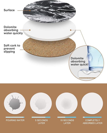 LIFVER Coasters Set of 6, Coasters for Drinks Absorbent Stone with Holder, Black Marble Style Ceramic Drink Coaster for Tabletop Protection, Coffee Table Decor Ideal for Home Decor House Warming Gifts