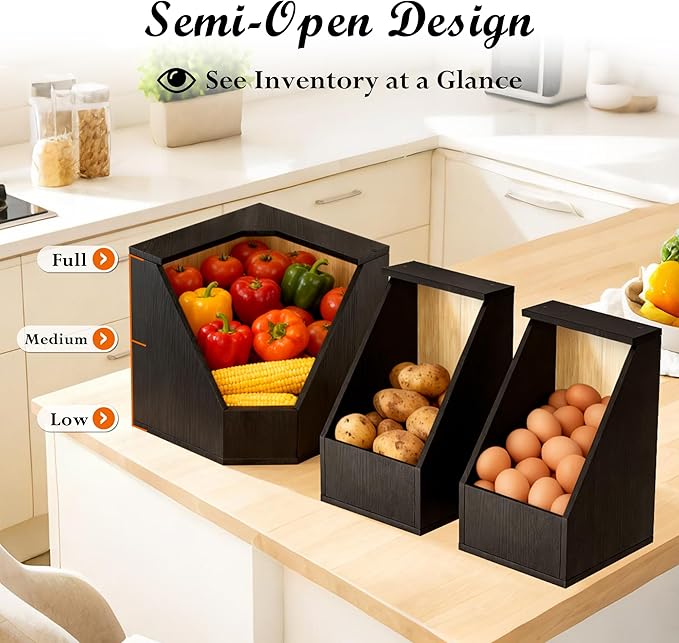 Jolitac Wood Pantry Storage Bins, Potato and Onion Storage Bin for Pantry and Kitchen Counter Multipurpose Organization Containers for Produce, Fruits, Vegetable, Set 3 Pieces