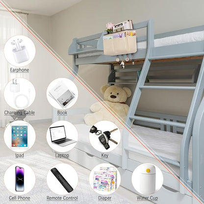 Frjjthchy Bedside Storage Organizer 5 Pockets with 4 Hooks Hanging Storage Bag for Headboards/Bunk Bed (Beige)