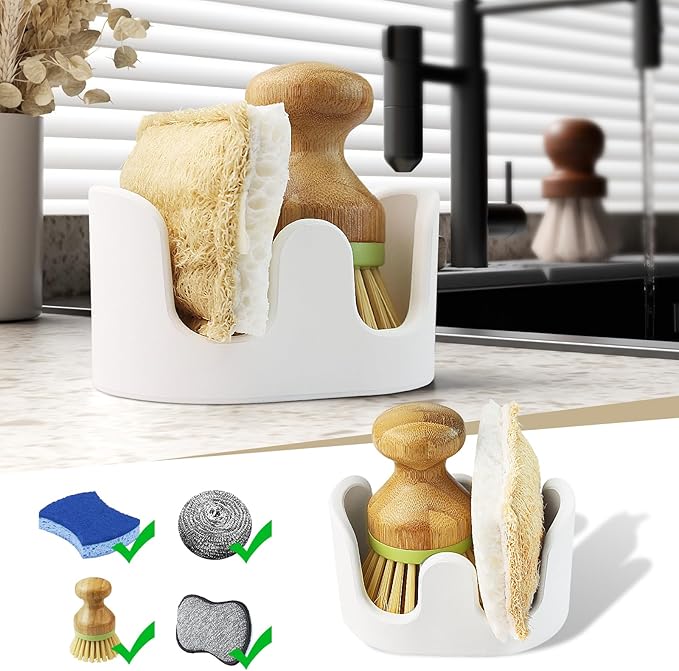 Slow Slog Double Sponge Holder, 2 Slot Diatomite Stone Sponge Holder, Absorbent Sponge Stand for Kitchen Sink, Quick Dry Sponge Caddy Kitchen Sink Organizer, White