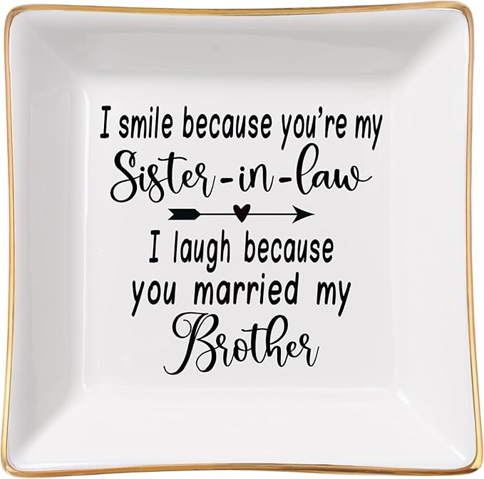 Spegiffu Sister in Law Gifts Ring Dish- I Smiled Because You're My Sister in Law Jewelry Dish Tray Trinket Dish, Birthday Gifts for Sister in Law Wedding Christmas Valentines Mother's Day Gift, White