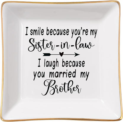 Spegiffu Sister in Law Gifts Ring Dish- I Smiled Because You're My Sister in Law Jewelry Dish Tray Trinket Dish, Birthday Gifts for Sister in Law Wedding Christmas Valentines Mother's Day Gift, White