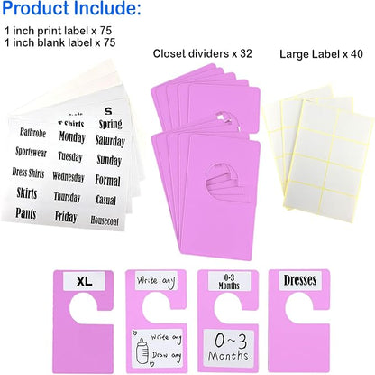32 Pack White Clothing Rack Size Dividers Plus 75 Labels (1 Inch) and 30 Large Blank Labels, Large Rectangular Clothing Closet Dividers (Purple)
