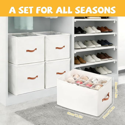 4 Pack Shoe Organizer for Closet - with Transparent Cover and Sturdy Handles shoe storage - Foldable Shoe Storage Containers Fits to 36-48 Pairs 4 Pack (Beige)