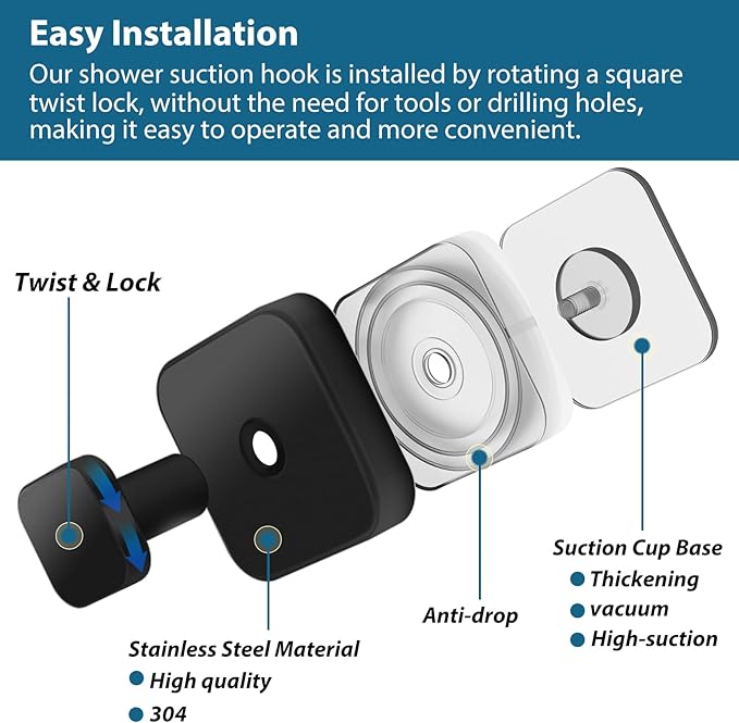 Suction Cup Hooks for Shower, 4 PCS No-Drill Towel Holder for Bathrooms Wall, Glass Door, Mirror, Tiles, Kitchen, Hold Robe & Wreath, Hanging up to 15 lbs – Waterproof & Rustproof, Matte-Black