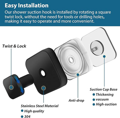 Suction Cup Hooks for Shower, 4 PCS No-Drill Towel Holder for Bathrooms Wall, Glass Door, Mirror, Tiles, Kitchen, Hold Robe & Wreath, Hanging up to 15 lbs – Waterproof & Rustproof, Matte-Black