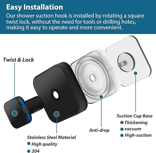 Suction Cup Hooks for Shower, 4 PCS No-Drill Towel Holder for Bathrooms Wall, Glass Door, Mirror, Tiles, Kitchen, Hold Robe & Wreath, Hanging up to 15 lbs – Waterproof & Rustproof, Matte-Black