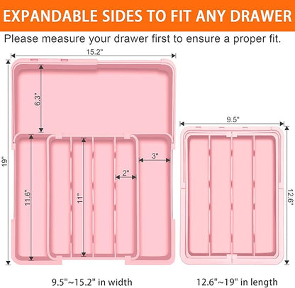 Silverware Organizer - Expandable Silverware Drawer Organizer, Adjustable Drawer Organizer, Silverware Tray for Drawer 15.2"x 19" Utensil Drawer Organizer, Kitchen Organizers Storage, Pink