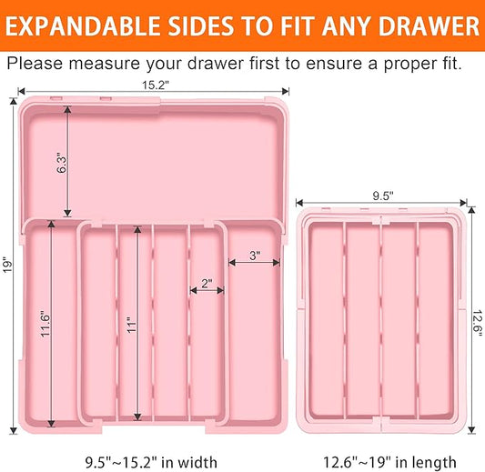 Silverware Organizer - Expandable Silverware Drawer Organizer, Adjustable Drawer Organizer, Silverware Tray for Drawer 15.2"x 19" Utensil Drawer Organizer, Kitchen Organizers Storage, Pink